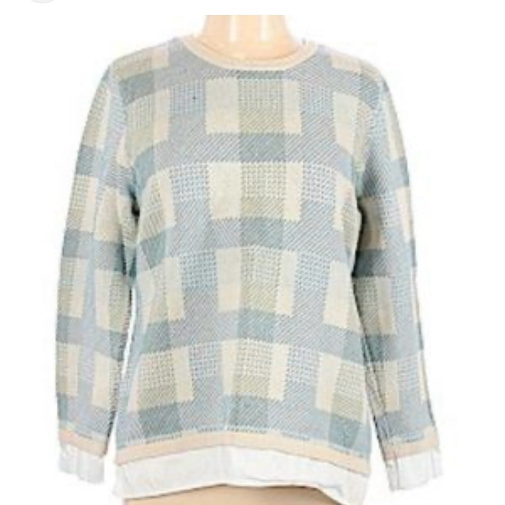 Talbots Womens 1X Striped Cotton Knit Pullover Sweater Blue Green Cream